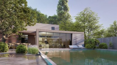 Mimari 3D, cam kapılı ve yüzme havuzlu modern evin tasviri.