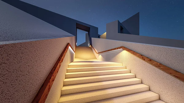 Mimari Gün Batımında Merdivenlerde Işıkları Olan Minimal Evin Resimlerini Çiziyor — Stok fotoğraf
