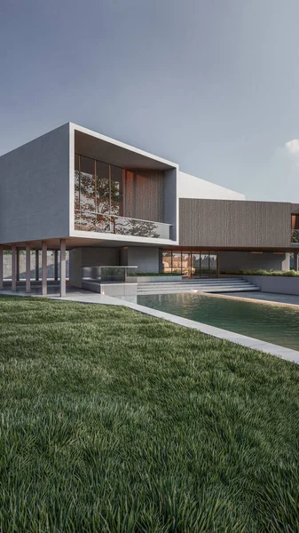 带有玻璃门和游泳池的现代简约住宅的3D渲染图 — 图库照片