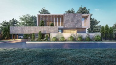 Mimari 3D doğal manzara ve yürüyüş yolu ile modern asgari evin çizimi 