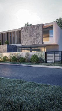 Mimari 3D doğal manzara ve yürüyüş yolu ile modern asgari evin çizimi 