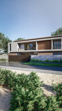 Mimari 3D doğal manzara ve yürüyüş yolu ile modern asgari evin çizimi 