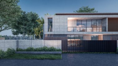 Mimari 3D doğal manzara ve yürüyüş yolu ile modern asgari evin çizimi 