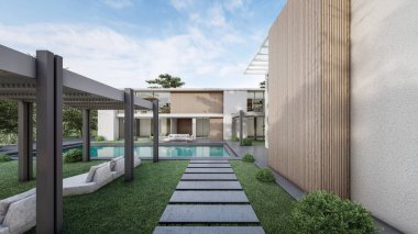 Mimari 3D doğal manzara ve yürüyüş yolu ile modern asgari evin çizimi 