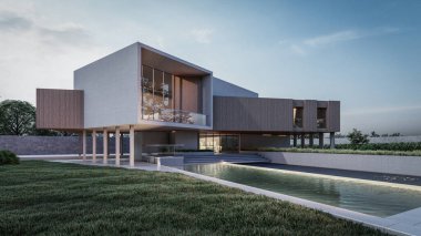 Mimari 3D doğal manzara ve yürüyüş yolu ile modern asgari evin çizimi 