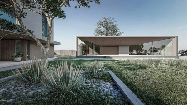 Arquitectura Representación Ilustración Casa Moderna Mínima Con Paisaje Natural Pasarela — Foto de Stock
