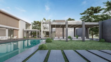 Mimari 3D, yüzme havuzlu asgari evin çizimi