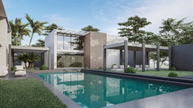 Mimari 3D, yüzme havuzlu asgari evin çizimi