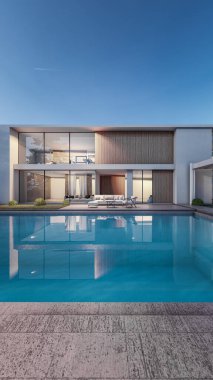 Mimari 3D, yüzme havuzlu asgari evin çizimi