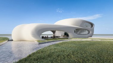 Mimari 3d yürüme yolu ve çim manzaralı minimal ev çizimi