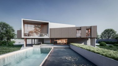 Mimari 3D, doğal manzaralı minimal modern evin tasviri 