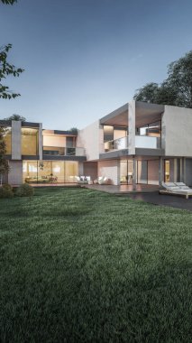 Mimari 3D, doğal manzaralı minimal modern evin tasviri 