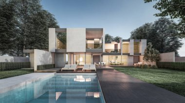 Mimari 3D, doğal manzaralı minimal modern evin tasviri 