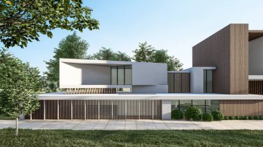 Mimari 3D, doğal manzaralı minimal modern evin tasviri 