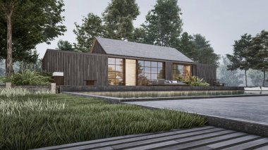 Mimari 3D, doğal manzaralı minimal modern evin tasviri 