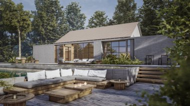 Mimari 3D, doğal manzaralı minimal modern evin tasviri 