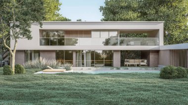 Mimari 3D, doğal manzaralı minimal modern evin tasviri 