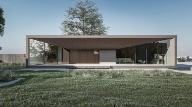 Mimari 3D, doğal manzaralı minimal modern evin tasviri 