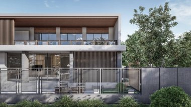 Mimari 3D, doğal manzaralı minimal modern evin tasviri 