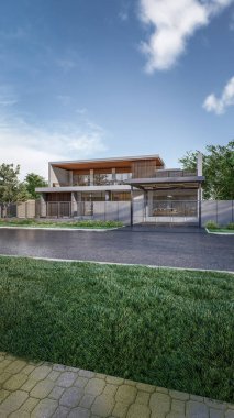 Mimari 3D, doğal manzaralı minimal modern evin tasviri 