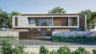Mimari 3D, doğal manzaralı minimal modern evin tasviri 