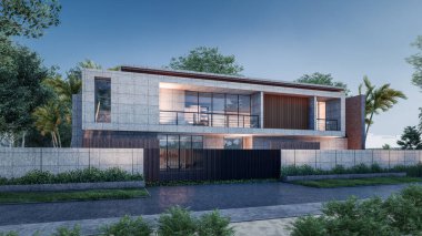 Mimari 3D, doğal manzaralı minimal modern evin tasviri 