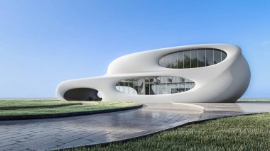 Mimari 3D, doğal manzaralı minimal modern evin tasviri 