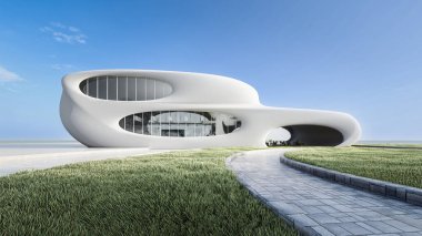 Mimari 3D, doğal manzaralı minimal modern evin tasviri 