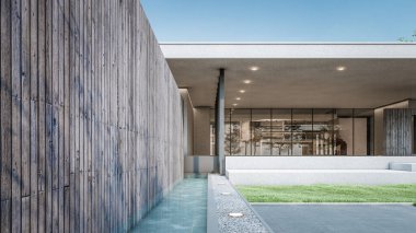 Mimari 3D, doğal manzaralı minimal modern evin tasviri 