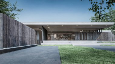 Mimari 3D, doğal manzaralı minimal modern evin tasviri 