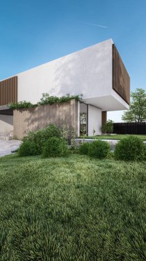 Mimari 3D, doğal manzaralı minimal modern evin tasviri 