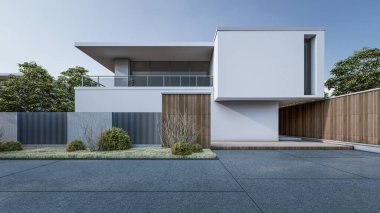 Mimari 3D, doğal manzaralı minimal modern evin tasviri 