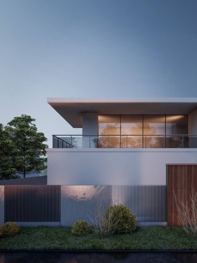 Mimari 3D, doğal manzaralı minimal modern evin tasviri 