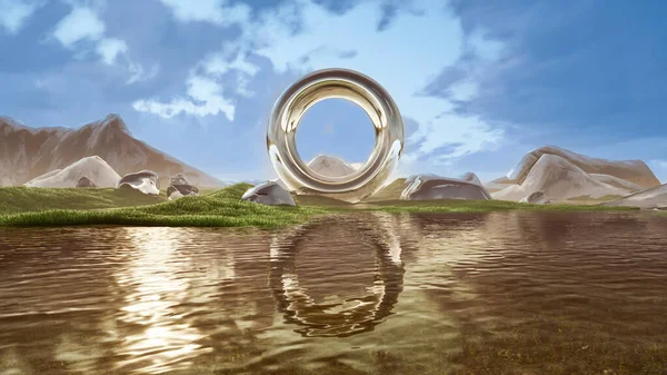 水の反射と自然背景を持つ地面にセンターホールで輝くシルバーメタルスフィア 3Dレンダリングイラスト — ストック写真