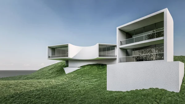 自然の風景と最小限の近代的な家の建築の3Dレンダリングイラスト — ストック写真