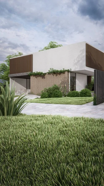 具有自然景观的最小现代房屋的建筑3D渲染说明 — 图库照片