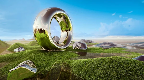 Shining Golden Metal Sphere Center Hole Ground Natural Background Rendering — Stock Photo, Image