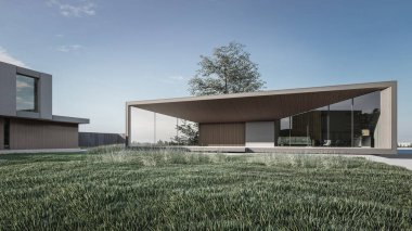 Mimari 3D, doğal manzaralı minimal modern evin tasviri