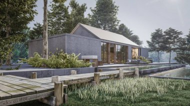 Mimari 3D, doğal manzaralı minimal modern evin tasviri