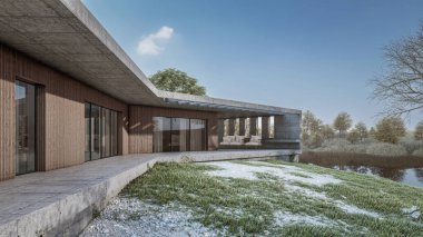 Mimari 3D, doğal manzaralı minimal modern evin tasviri