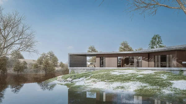 Architektur Rendering Illustration Eines Minimalen Modernen Hauses Mit Natürlicher Landschaft — Stockfoto