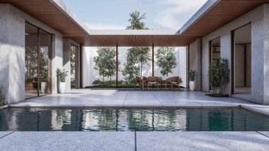 Mimari 3D, doğal manzaralı minimal modern evin tasviri