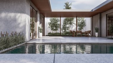 Mimari 3D, doğal manzaralı minimal modern evin tasviri