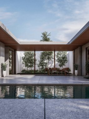 Mimari 3D, doğal manzaralı minimal modern evin tasviri