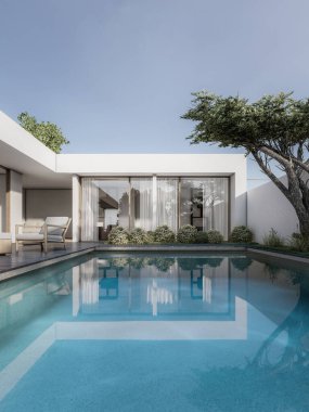 Mimari 3D, doğal manzaralı minimal modern evin tasviri