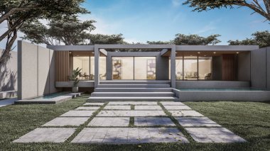 Mimari 3D, doğal manzaralı minimal modern evin tasviri