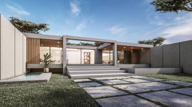 Mimari 3D, doğal manzaralı minimal modern evin tasviri