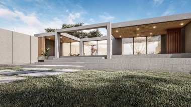 Mimari 3D, doğal manzaralı minimal modern evin tasviri