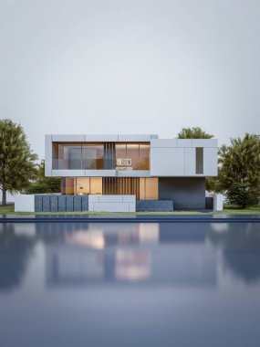 Mimari 3D, doğal manzaralı minimal modern evin tasviri