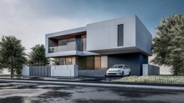 Mimari 3D, doğal manzaralı minimal modern evin tasviri